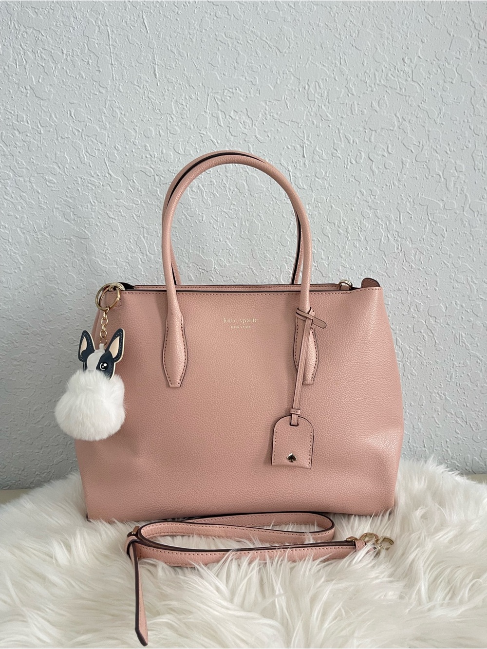 kate spade Blush Pink Pebbled Leather Satchel with Pom-Pom Charm